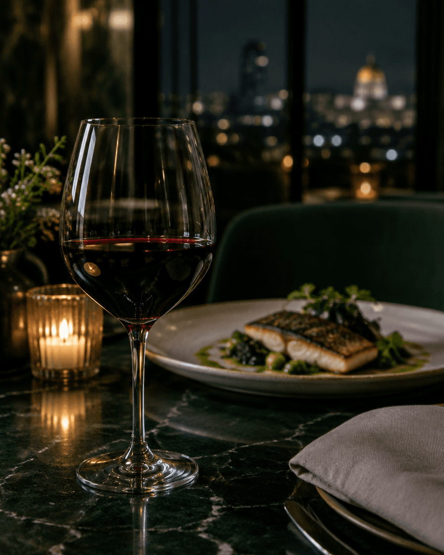 Copa de vino tinto junto a un plato en un restaurante